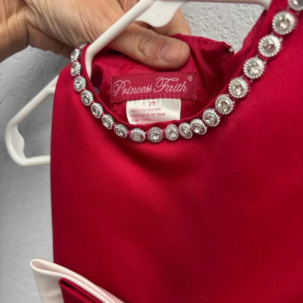 2T Princess Faith satin Christmas dress with Crystal neck, Classic Sash, EUC. - Picture 4 of 10